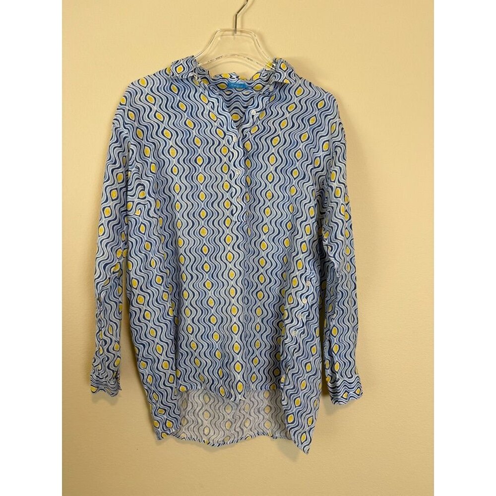 J. McLaughlin Blue and Yellow Geometric Wave Print Blouse
